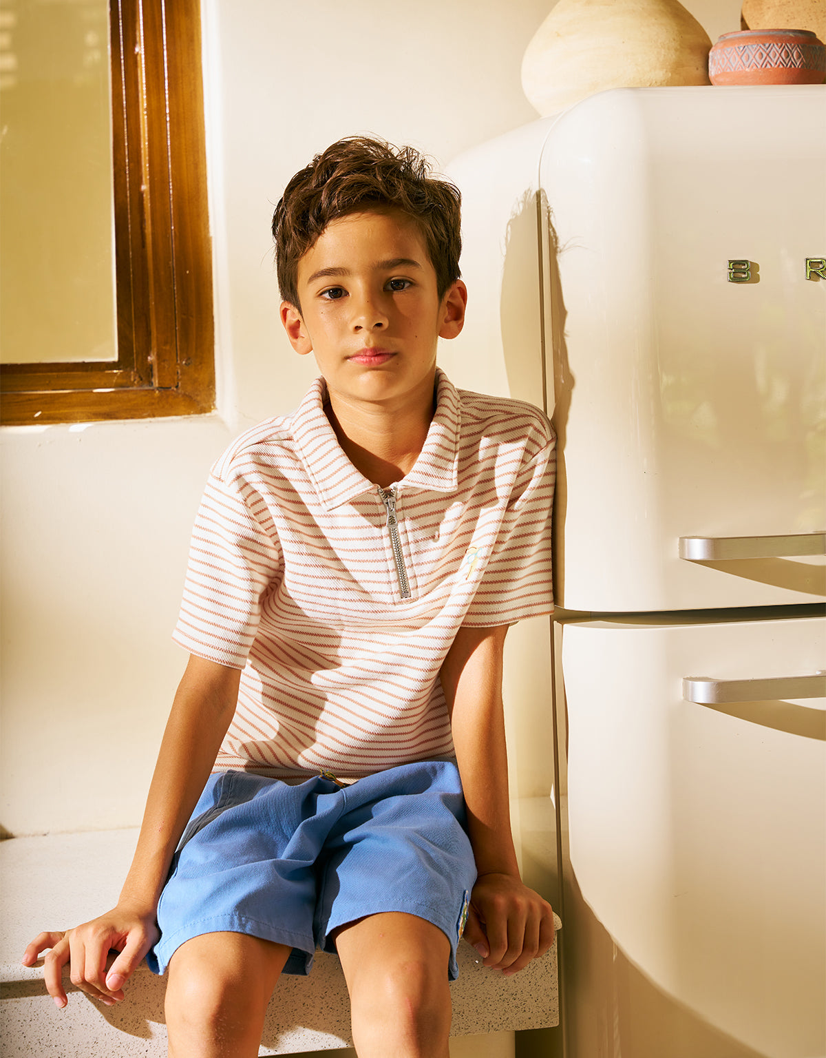 BRUNO ZIGZAG STRIPE TWILL JERSEY POLO SHIRT WITH BANANA EMBROIDERY