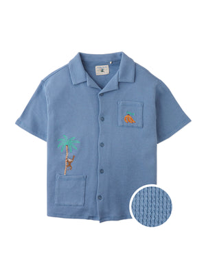 Tommy Waffle Knits Button Down Shirt With Monkey Embroidery product photo