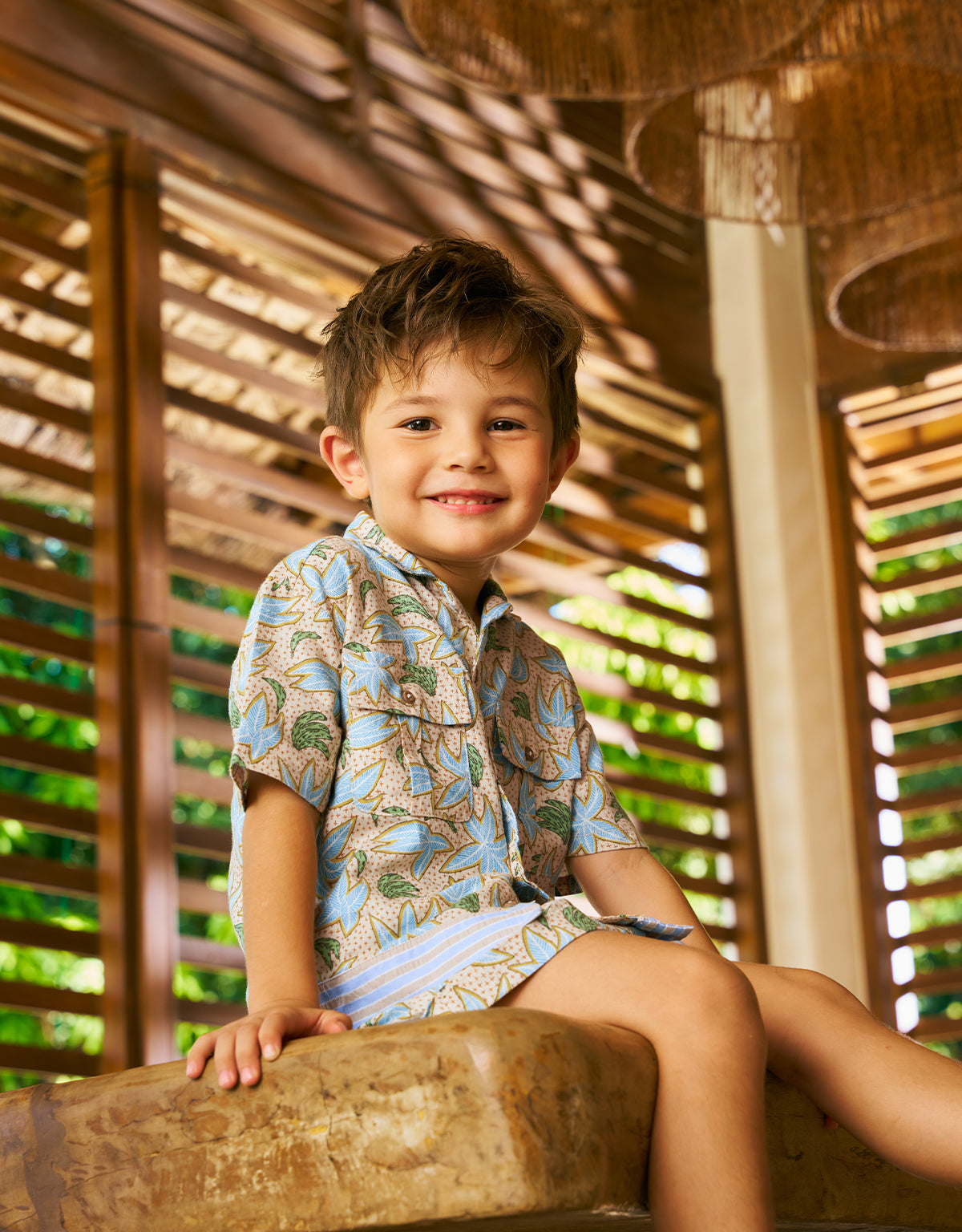 MO LINEN BLEND PANAMA SHIRT WITH PALMS & BANANAS PRINT