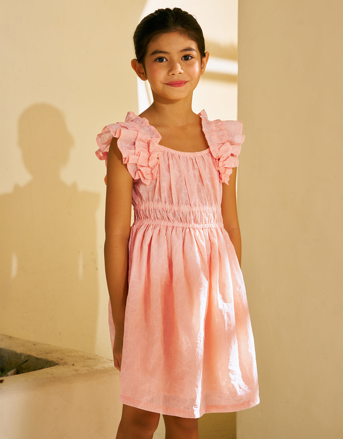 YUNO FLORAL TEXTURED SMOCKED WAIST DRESS WITH RUFFLE SLEEVES