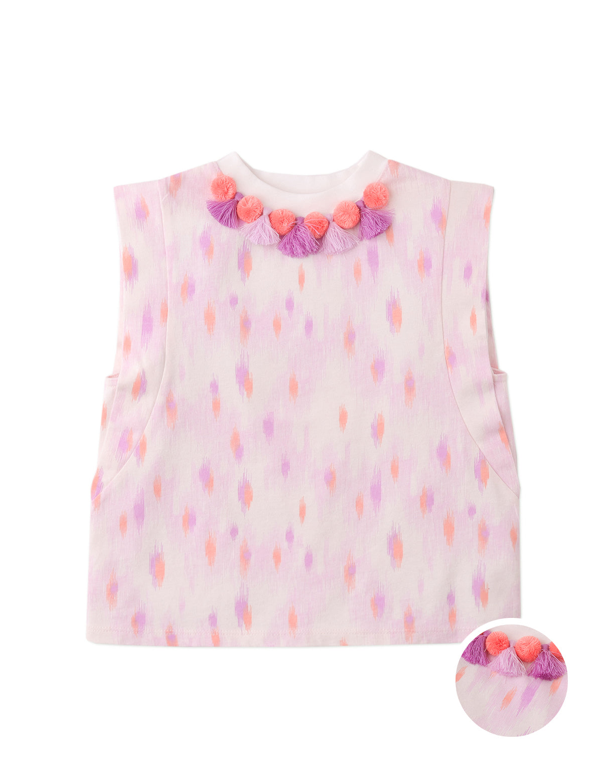 KATYA PRINTED TOP WITH POM-POM AND TASSELS ON NECKLINE
