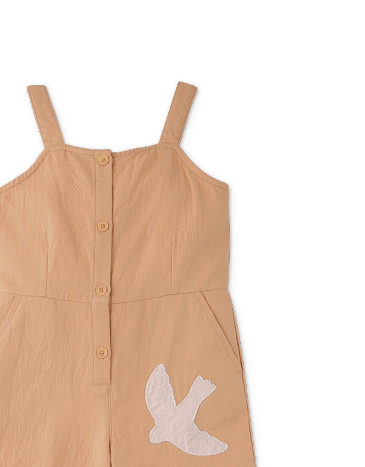 EUNICE STRAPPY JUMPSUIT WITH FRONT BUTTONS AND APPLIQUES