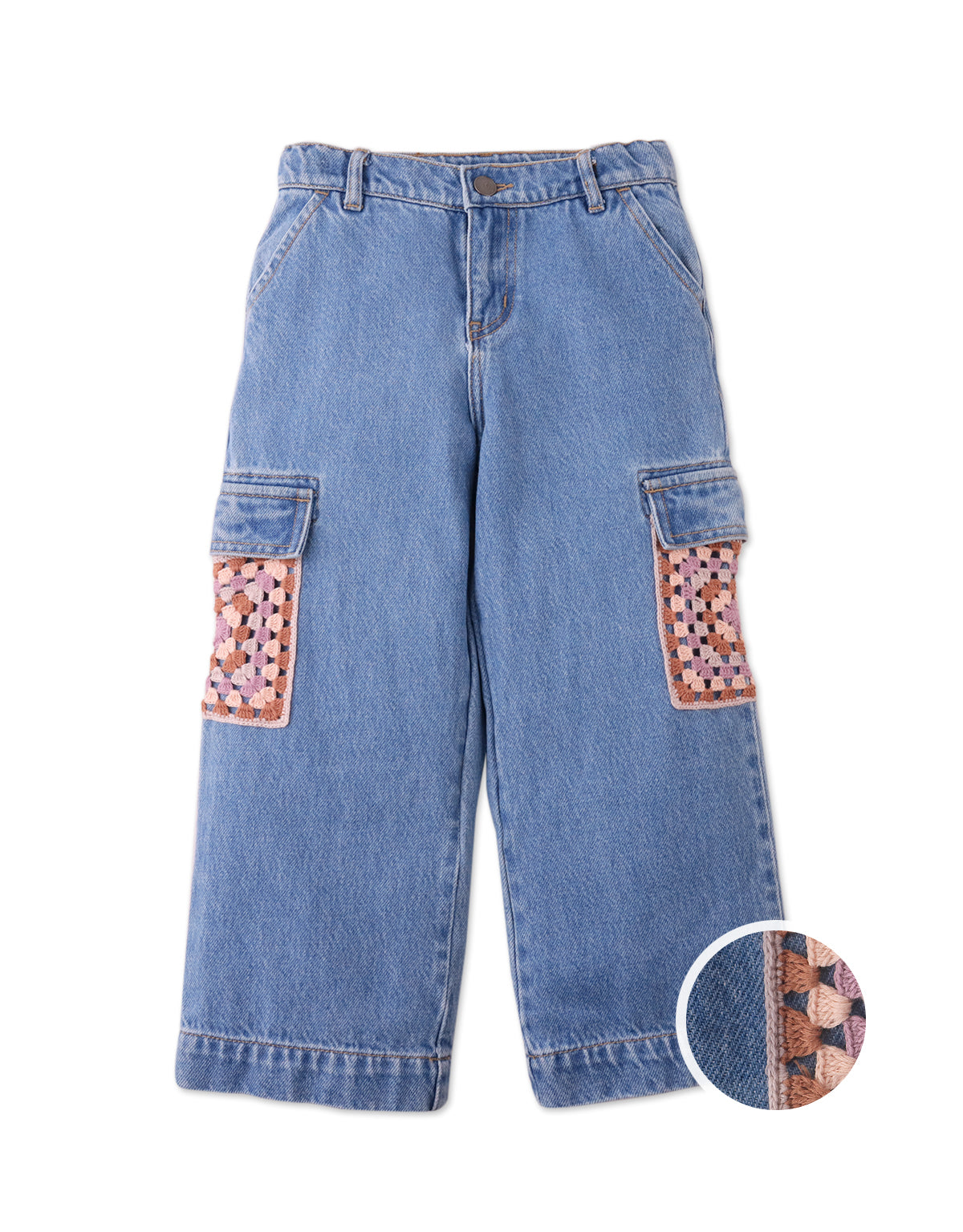 VIVIENNE DENIM CARGO PANTS WITH MULTICOLOR CROCHET POCKETS