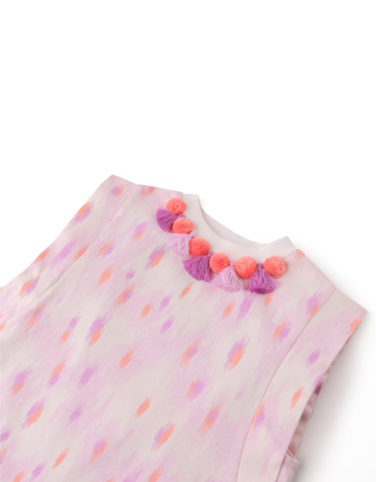 KATYA PRINTED TOP WITH POM-POM AND TASSELS ON NECKLINE