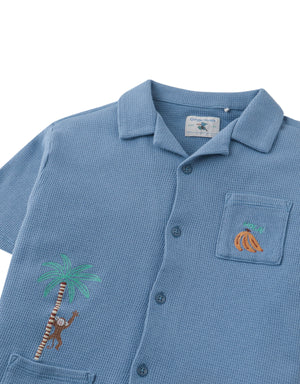 Tommy Waffle Knits Button Down Shirt With Monkey Embroidery close-up detail