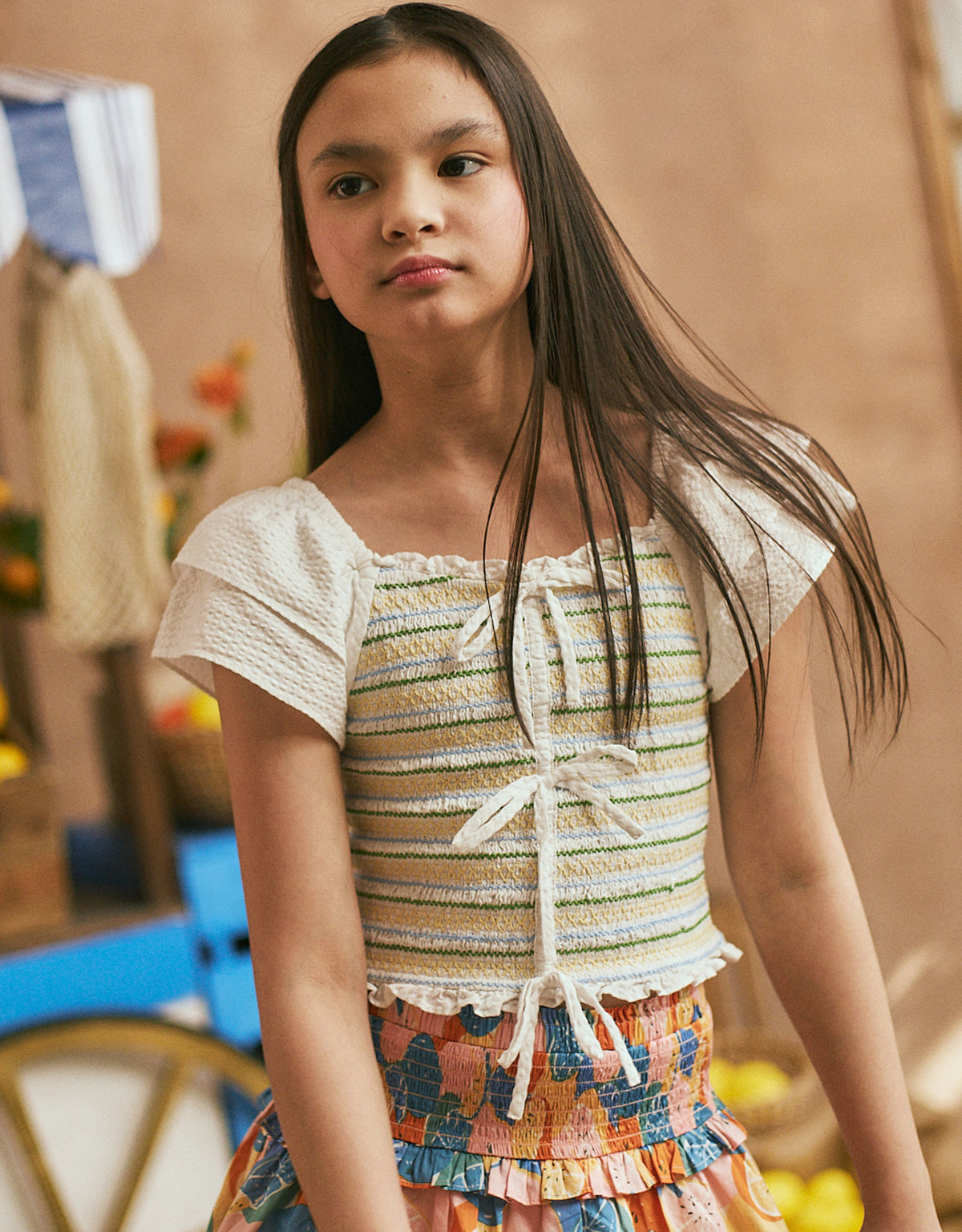 GIRLS SMOCKED BUTTERFLY SLEEVES BLOUSE