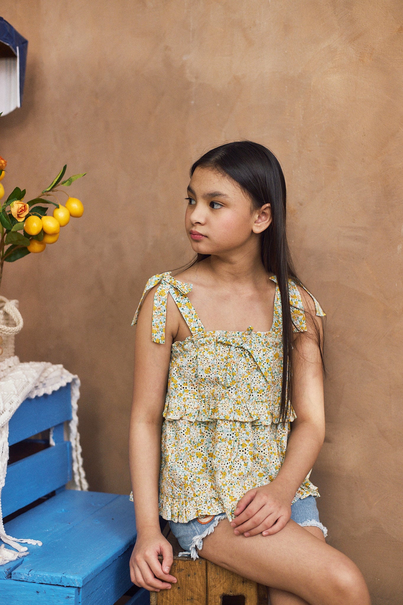 GIRLS FLORAL PRINT EYELET TIERED SWING TOP