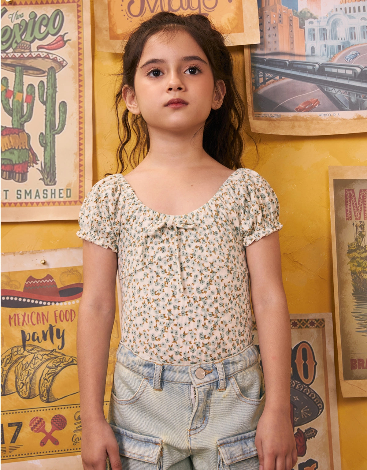 GIRLS FLORAL DITSY PRINT V NECK BODY SUIT WITH PUFF SLEEVES