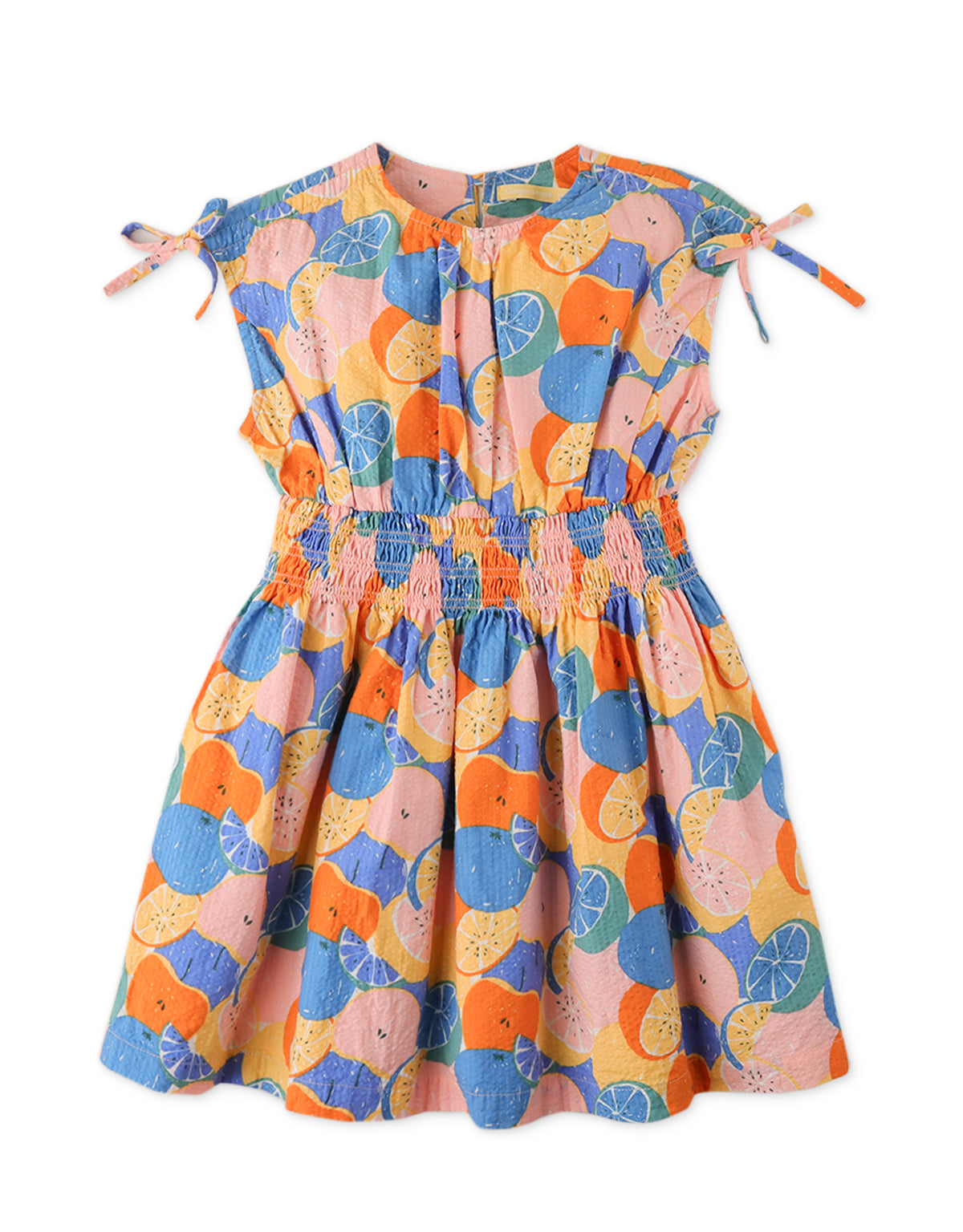 GIRLS RUCHED SHOULDERS CITRUS PRINT DRESS