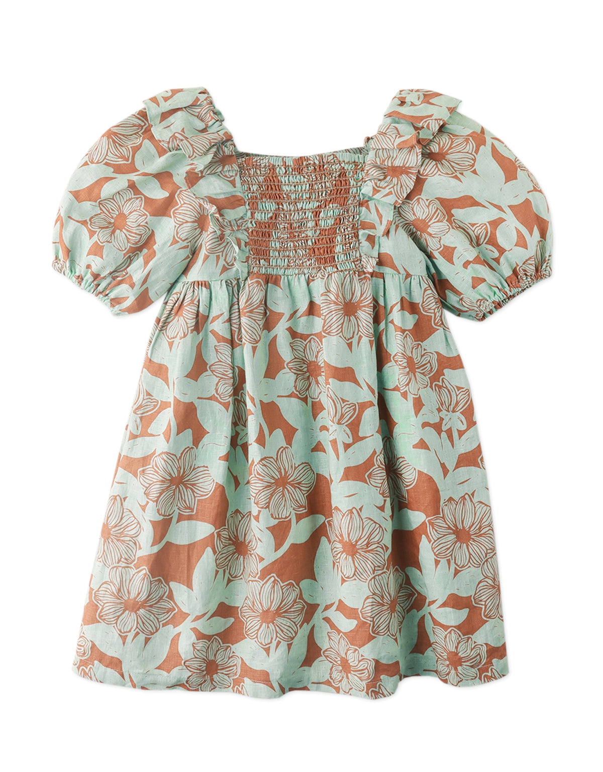 Front view of smocked dress with bubble sleeves—chic texture and sweet silhouette for summer.