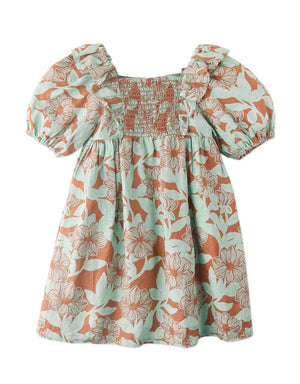 Front view of smocked dress with bubble sleeves—chic texture and sweet silhouette for summer.