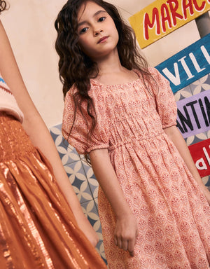 Girls Blocked Print Smocked Bodice Dress With Puff Sleeves product photo