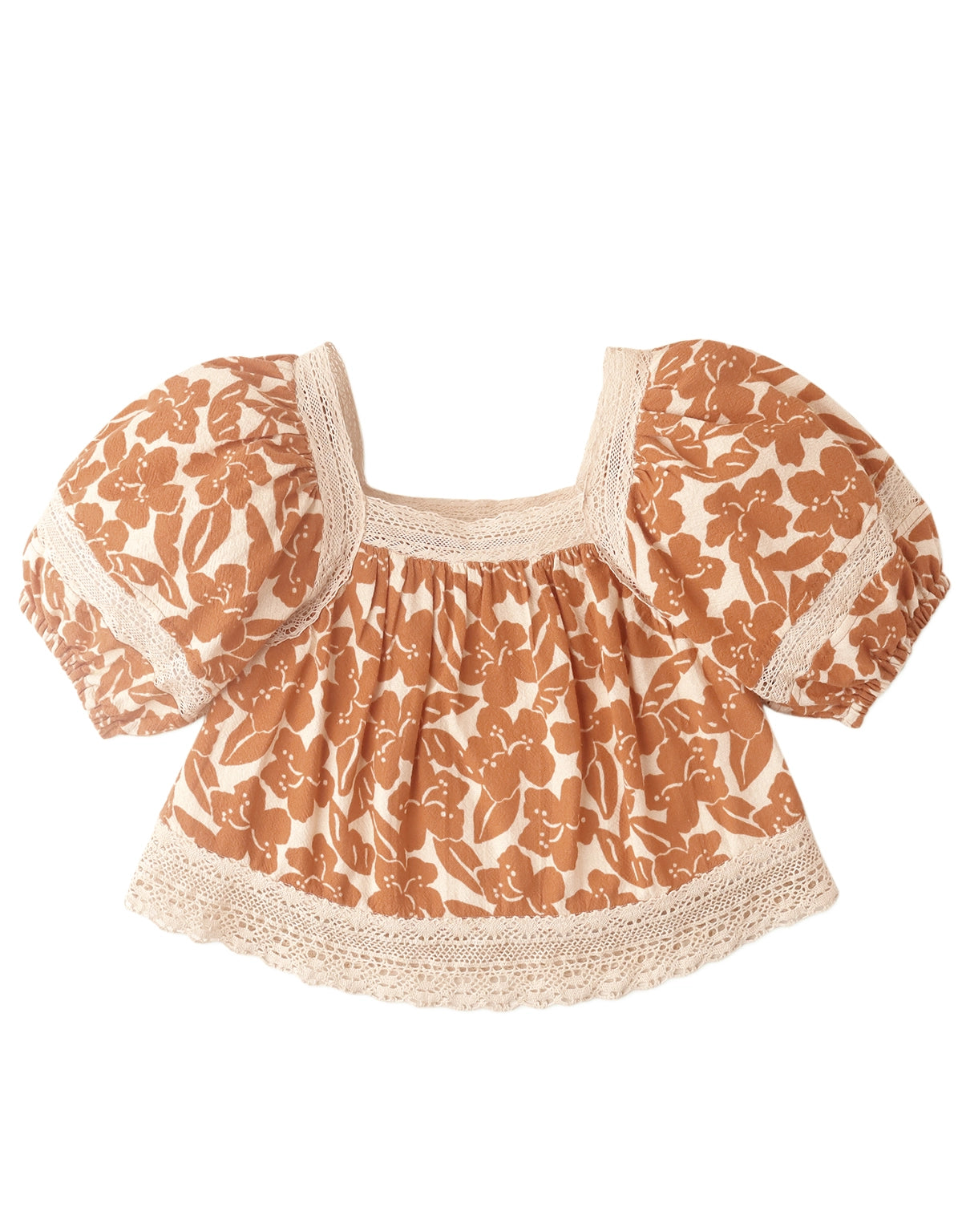 GIRLS FLORAL PRINT LACE CUT OUT BLOUSE