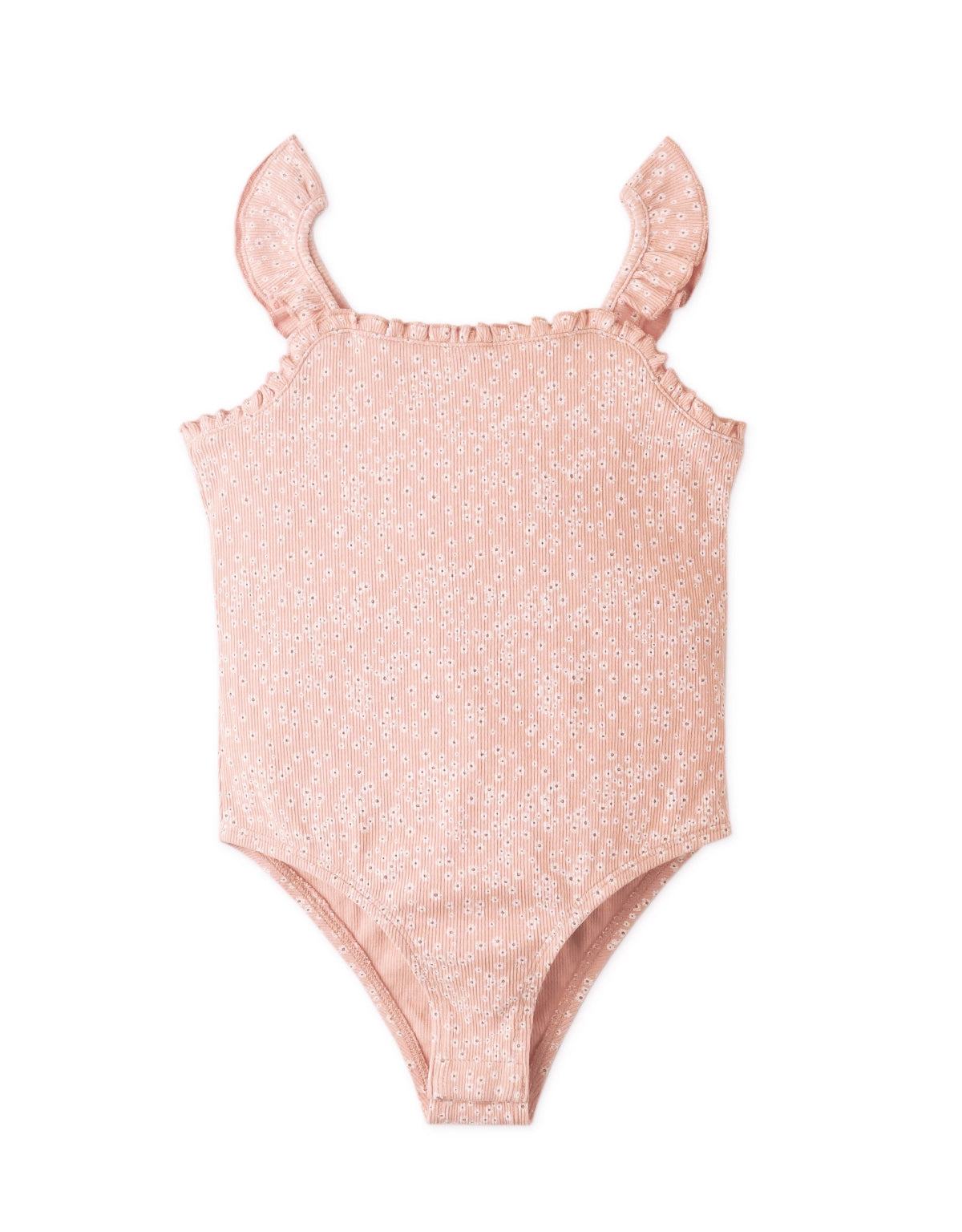 GIRLS FLORAL DITSY PRINT RIBBED BUTTERFLY SLEEVES BODYSUIT