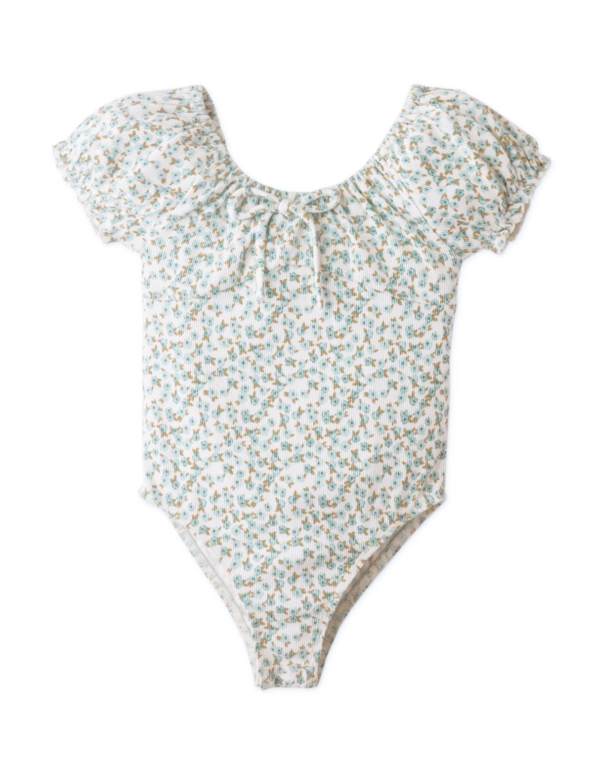 GIRLS FLORAL DITSY PRINT V NECK BODY SUIT WITH PUFF SLEEVES