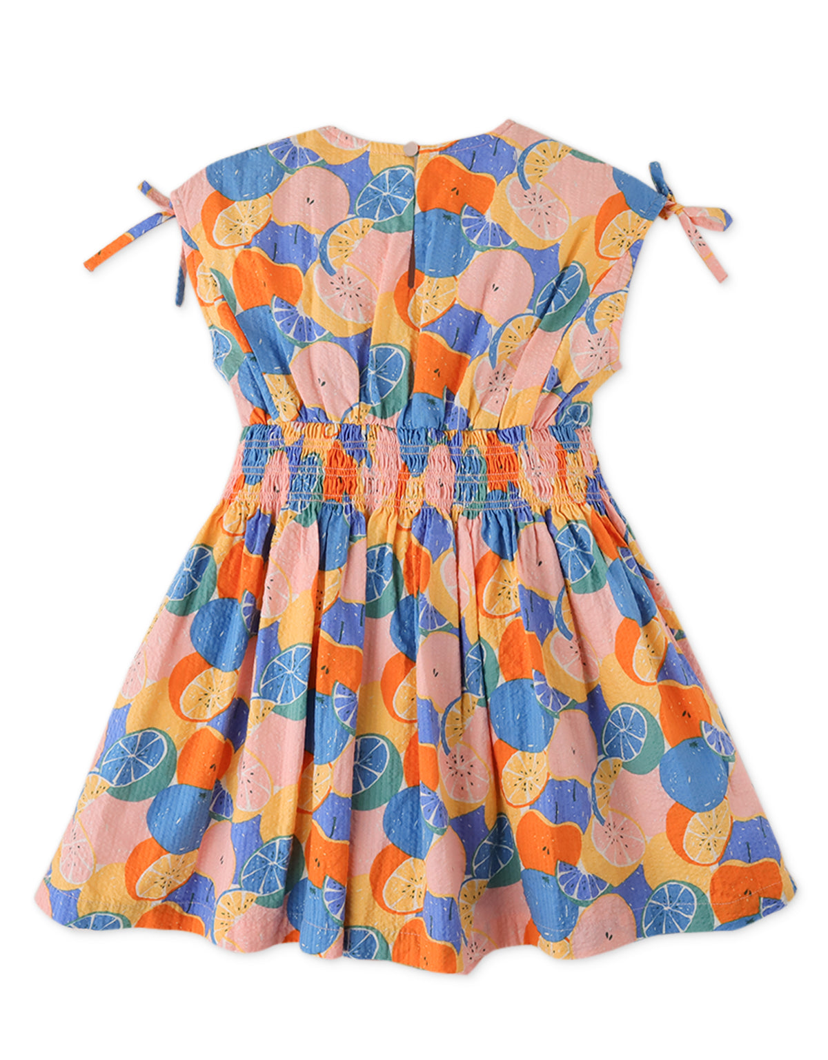 GIRLS RUCHED SHOULDERS CITRUS PRINT DRESS