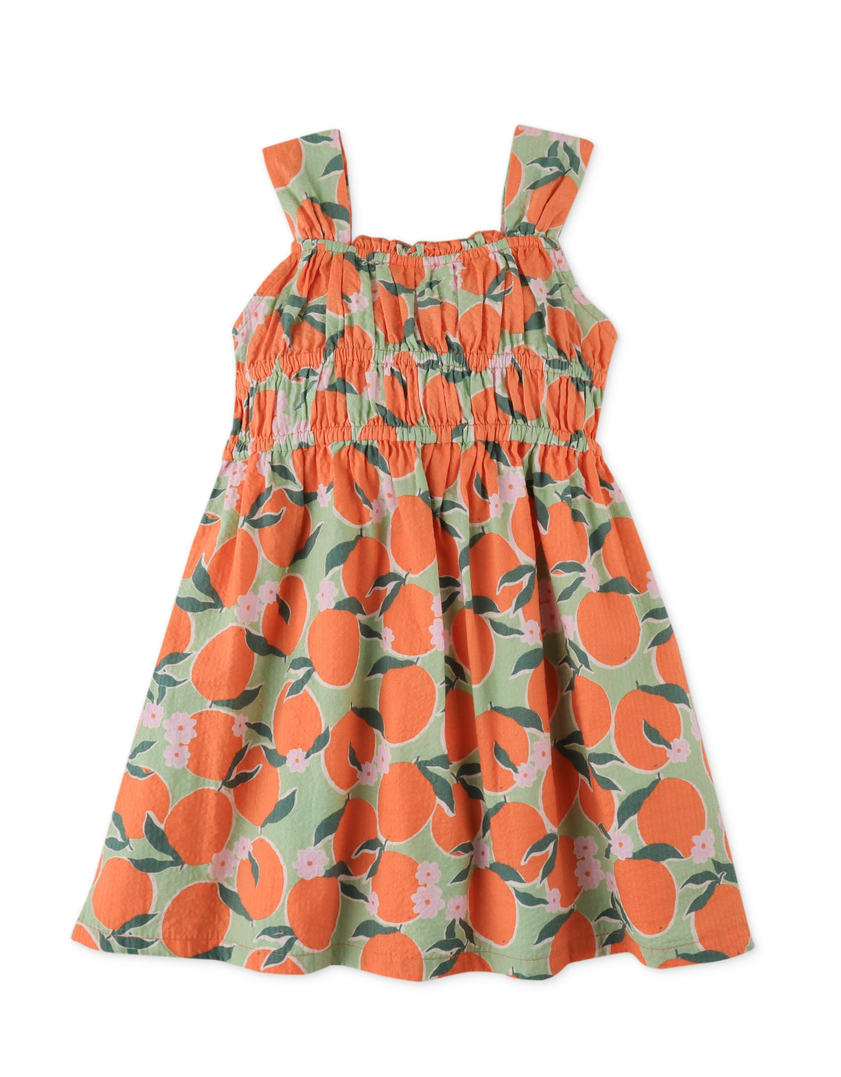 GIRLS SHIRRED ORANGE PRINT DRESS