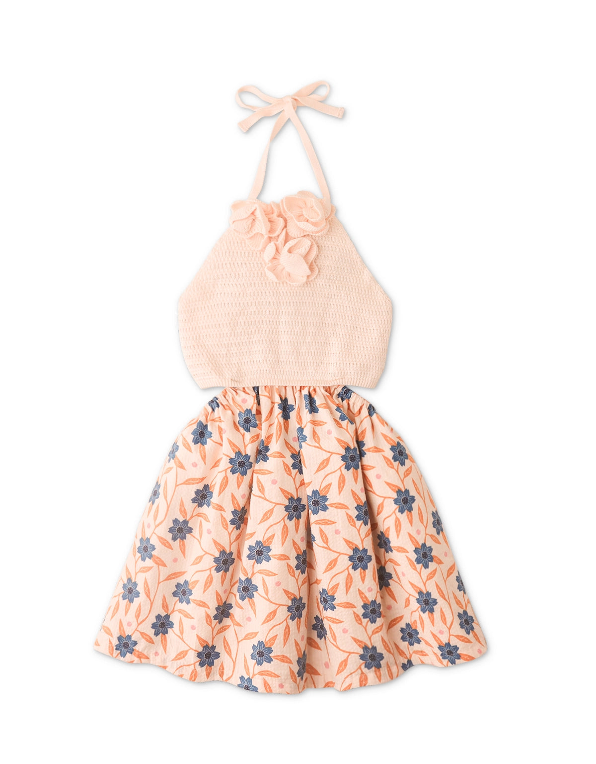 GIRLS KNITTED HALTER BODICE WITH CROSAGES DRESS AND BATIK LIKE PRINT FLORAL SKIRT