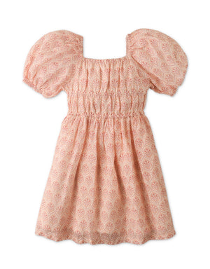 Girls Blocked Print Smocked Bodice Dress With Puff Sleeves front view
