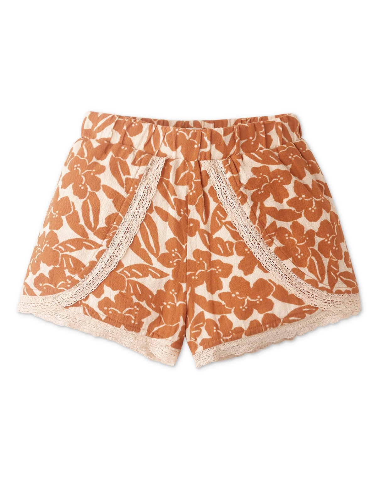 GIRLS FLORAL PRINT SHORTS WITH LACE TRIMS