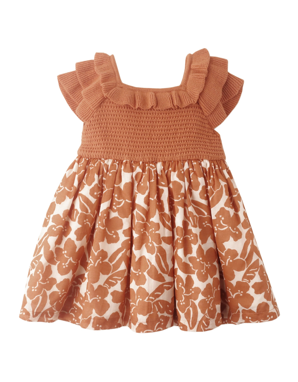BABY GIRLS CROCHET KNITS BODICE AND PRINTED COTTON COMBI DRESS