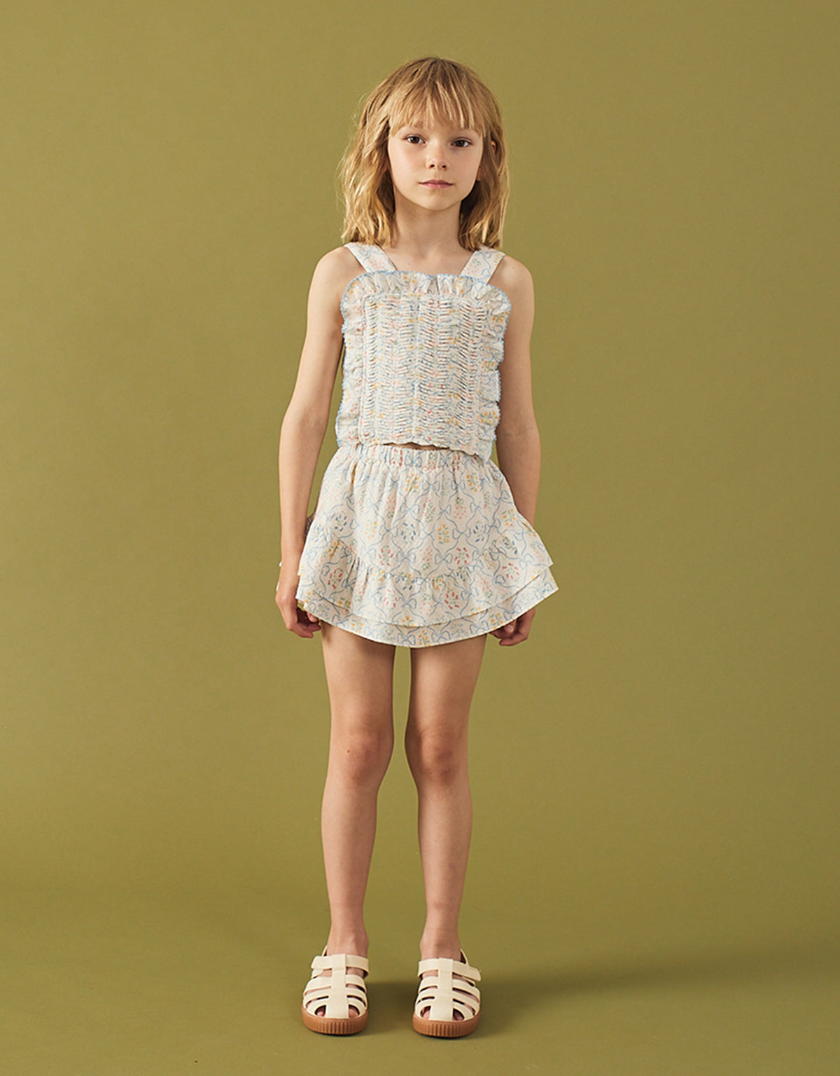 Martina Trellis Print Smocked Top with Wide Straps & Ruffles