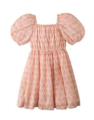 Girls Blocked Print Smocked Bodice Dress With Puff Sleeves style detail