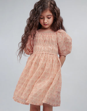 Girls Blocked Print Smocked Bodice Dress With Puff Sleeves close-up detail