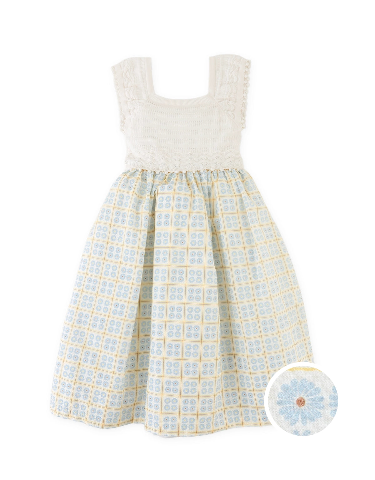 Samara Midi Dress with Pointelle Knit Bodice and Printed Skirt