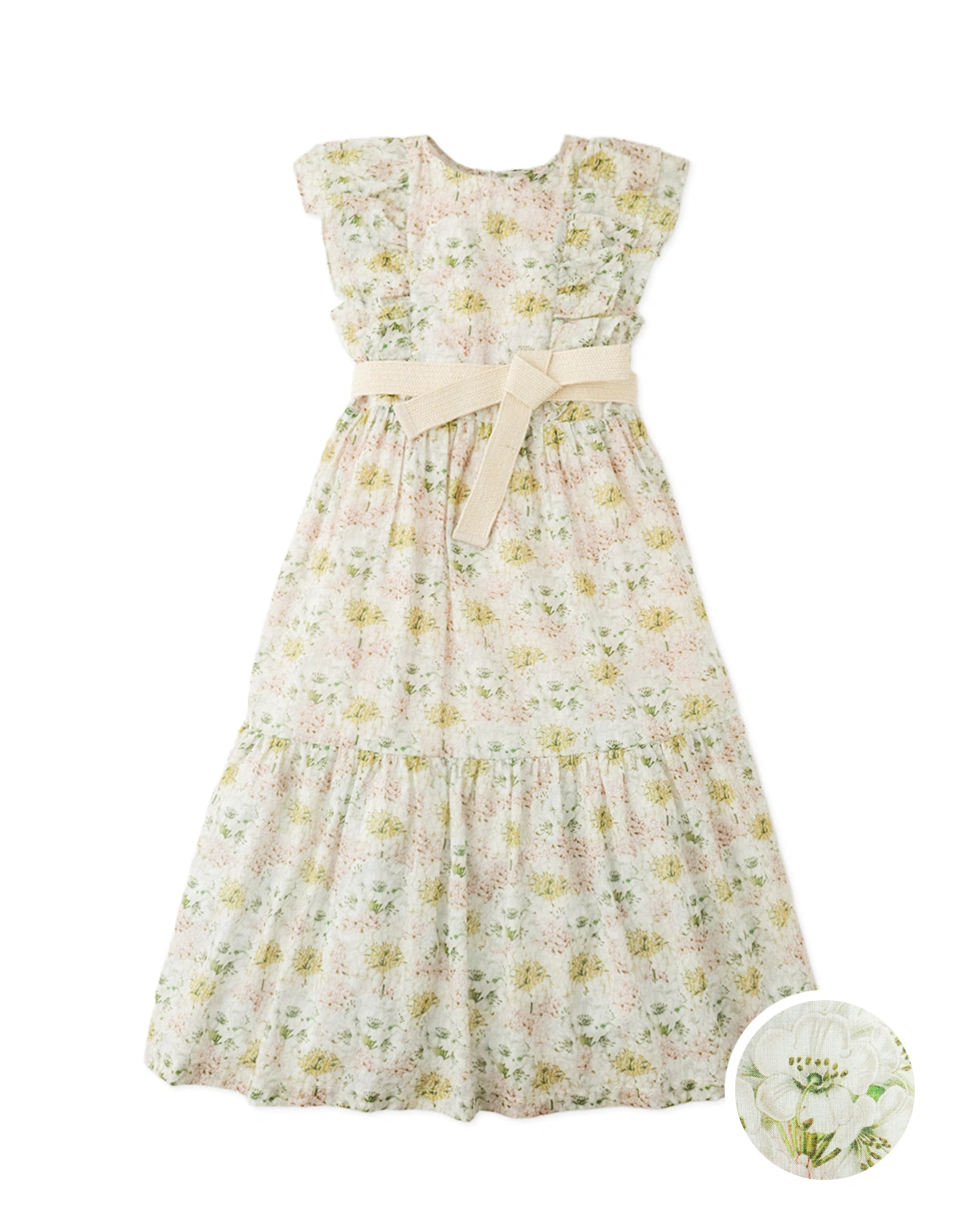 Lorraine Floral Ruffle-Sleeve Maxi Dress with Raffia Belt