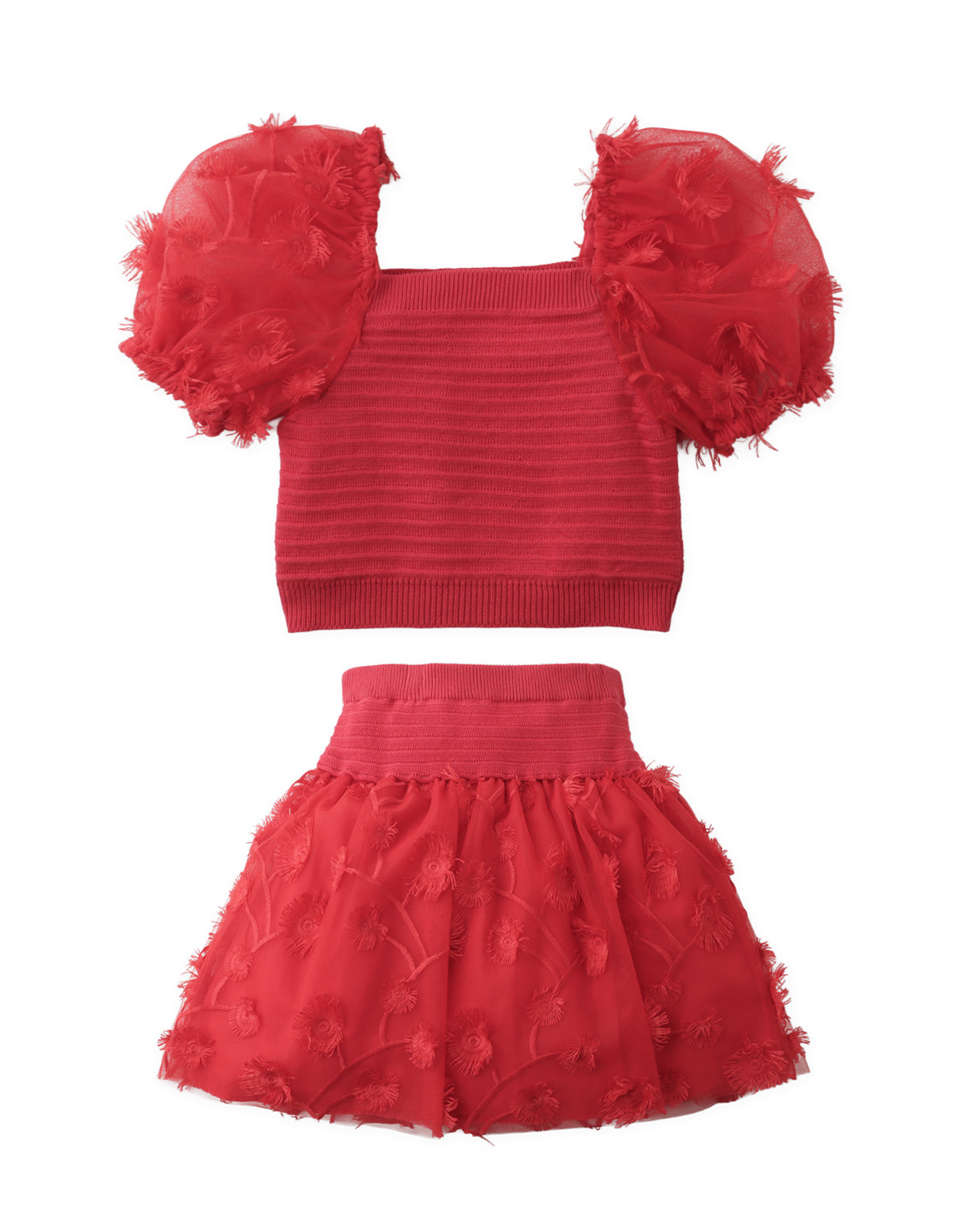 Roxanne Bubble-Sleeve Top and Skirt Set with Floral Appliqués