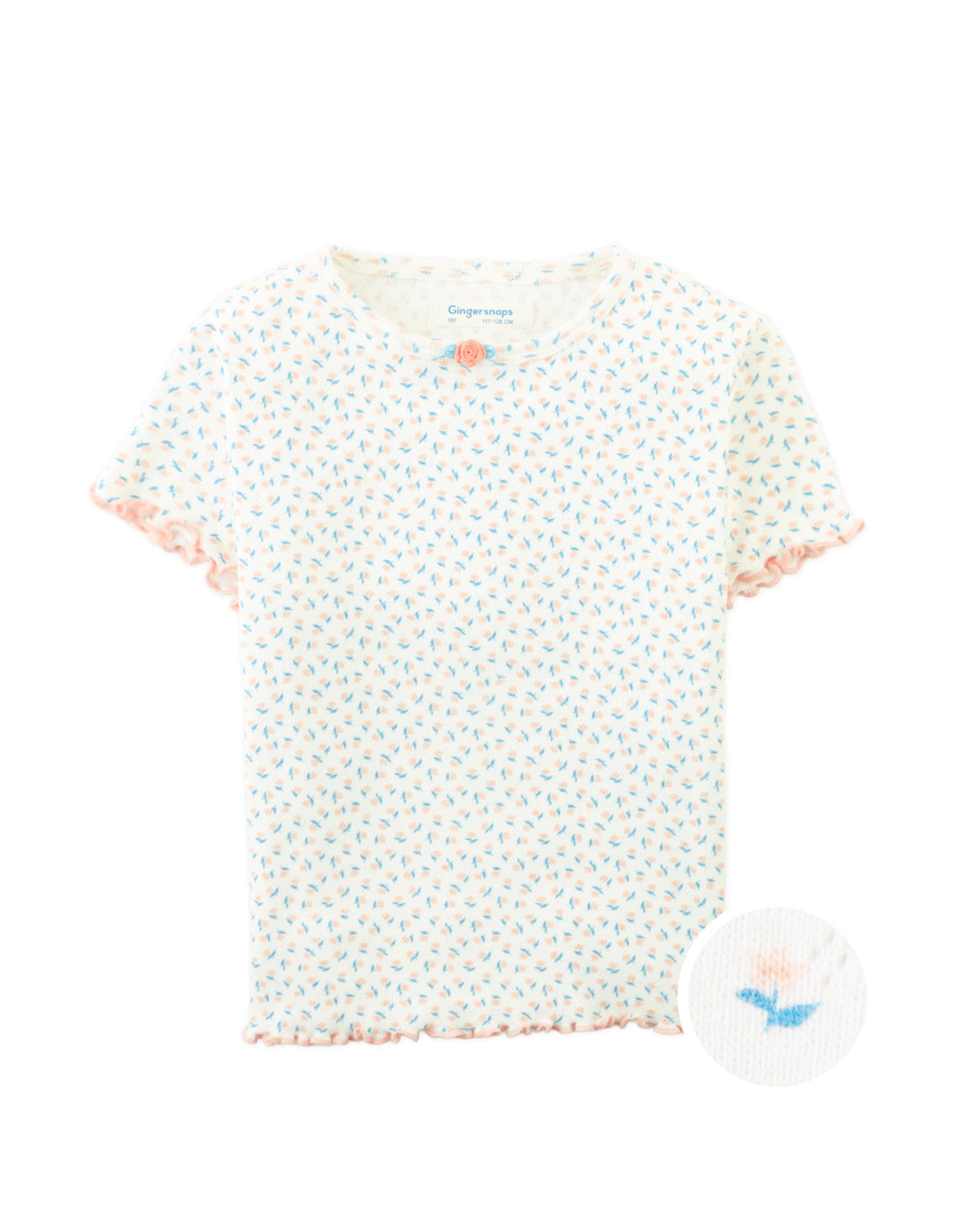 Anya Pointelle Tee with All-Over Floral Print and Satin Bow in Off-White