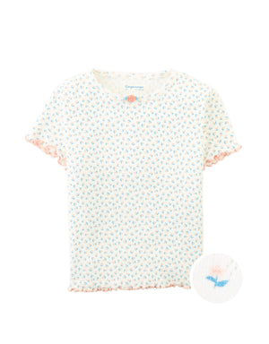 Anya Pointelle Tee with All-Over Floral Print and Satin Bow in Off-White product photo