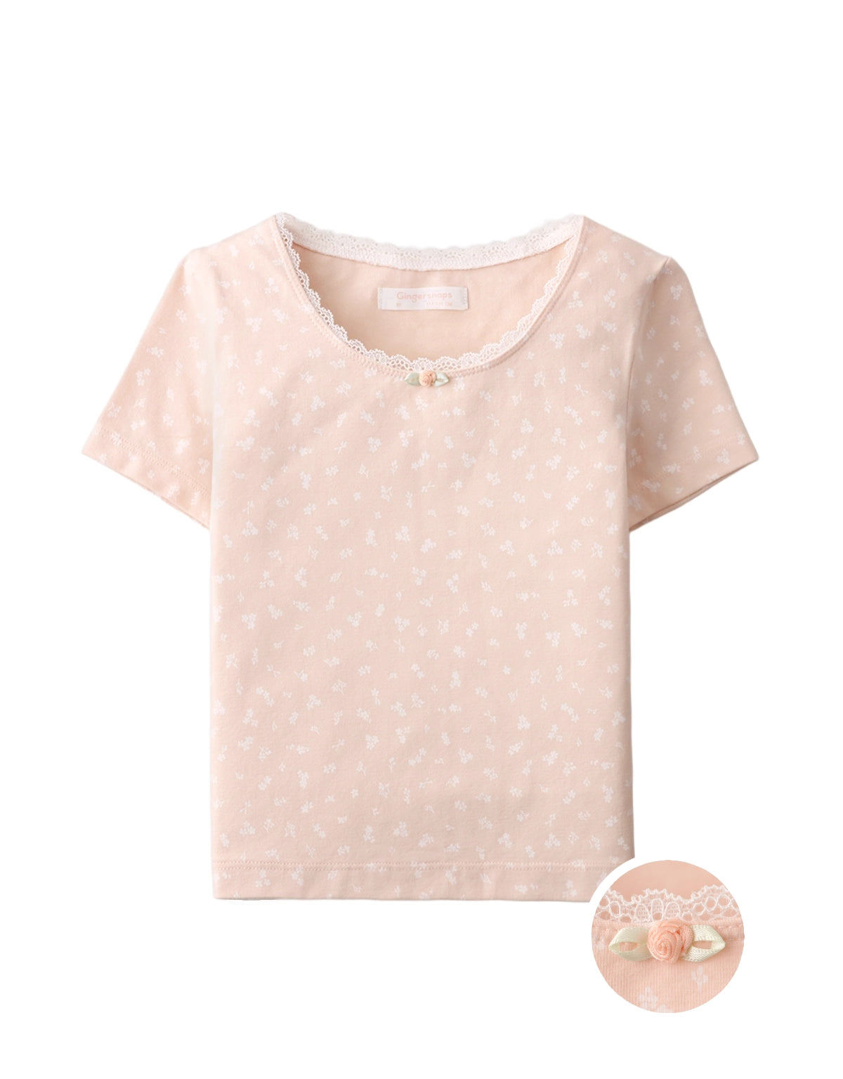 Halle Ditsy Floral Lace-Trim Tee with Rosette