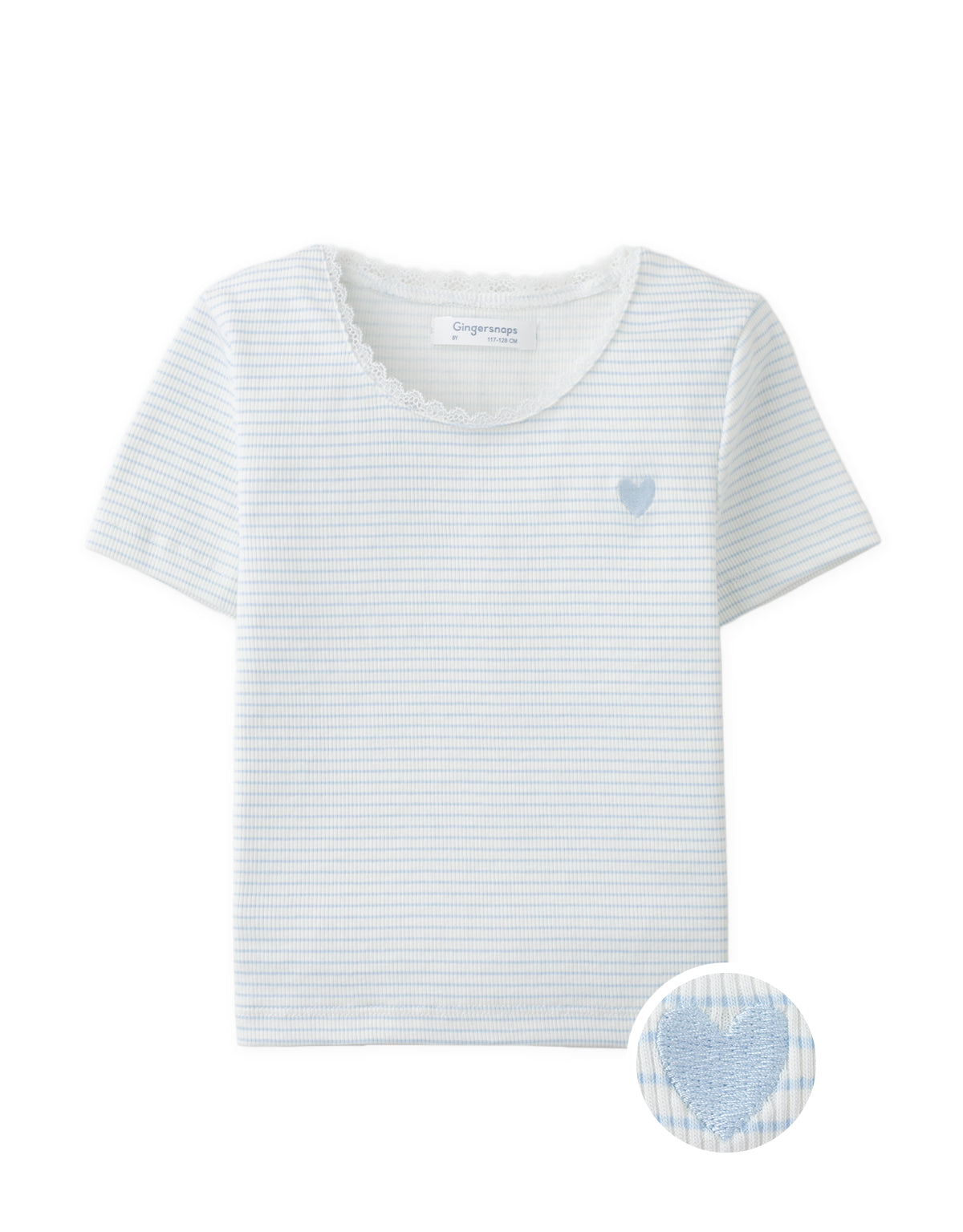 Halle Striped Lace-Trim Tee with Embroidered Heart