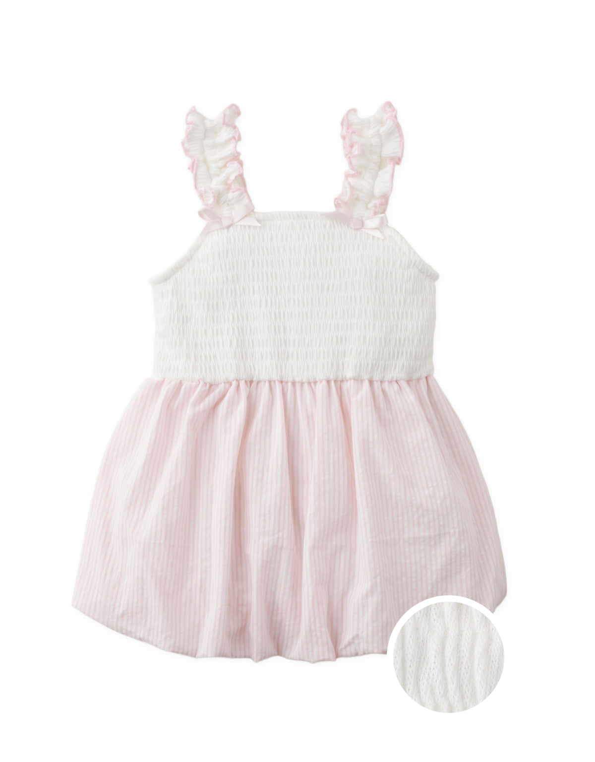 Baby Gia Ruffle-Sleeve Seersucker Bubble Dress with Bows