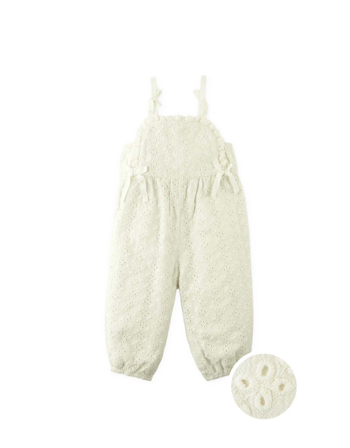 Baby Bianca Eyelet Jumpsuit with Lace Trim and Bow Ties