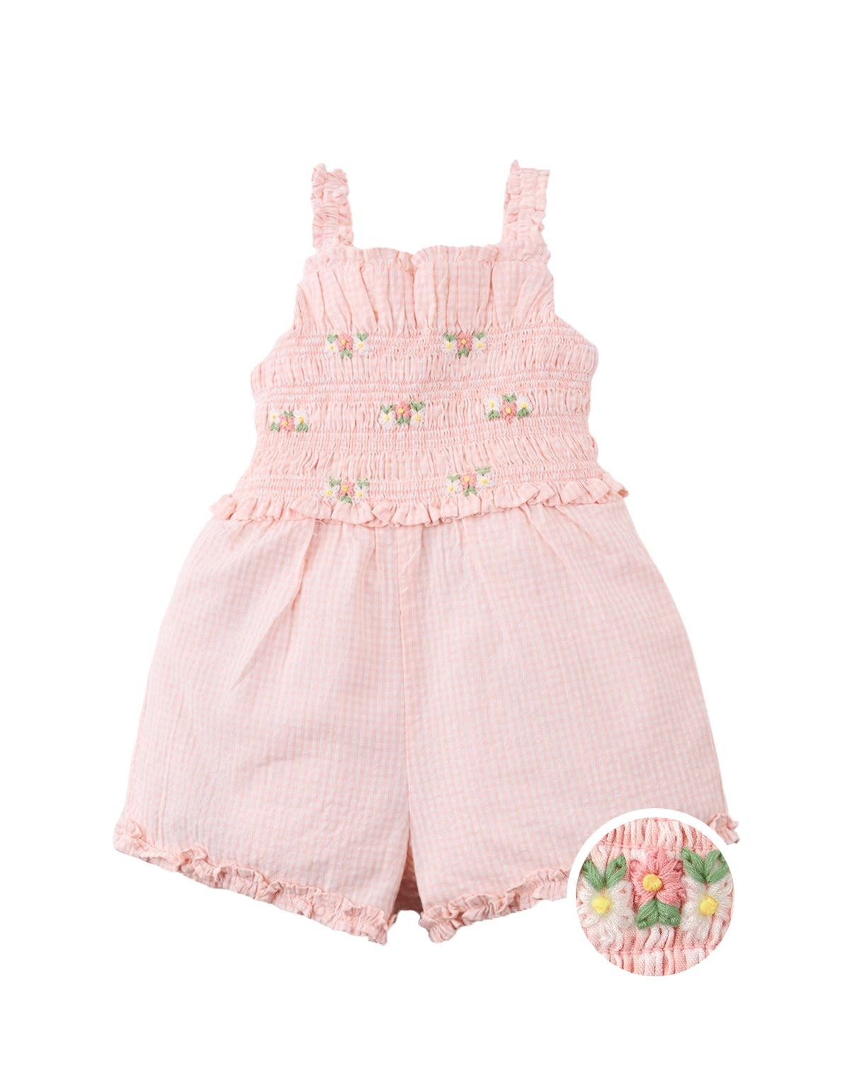 Baby Naomi Smocked Gingham Playsuit with Hand-Embroidered Daisies