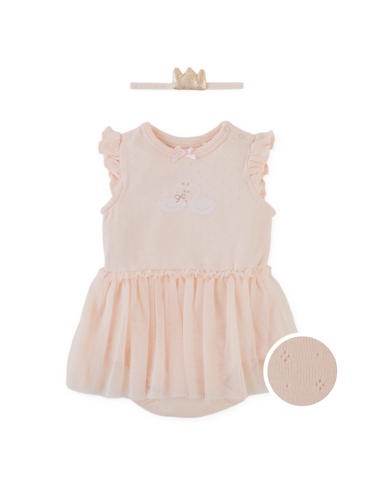Swan Motif Bodysuit with Tulle Skirt and Crown Headband Set