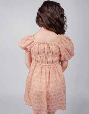 Girls Blocked Print Smocked Bodice Dress With Puff Sleeves outfit styling
