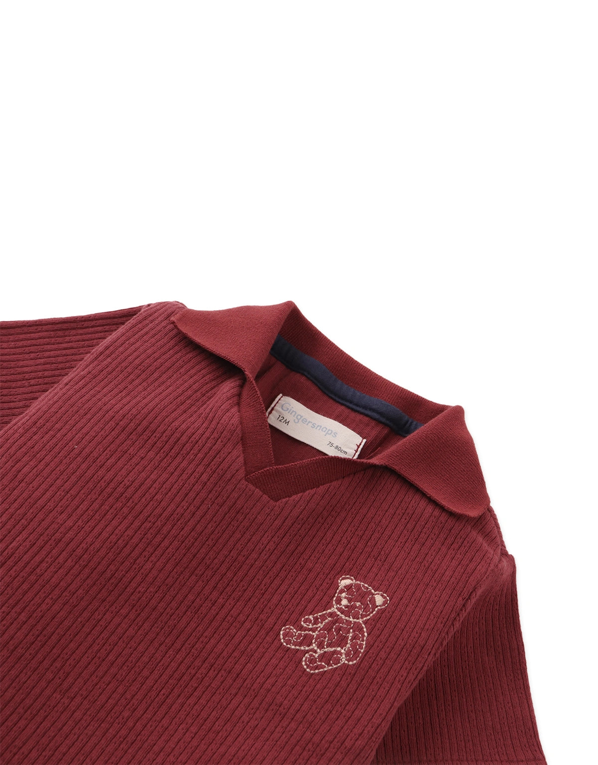Baby Jericho Fine Pointelle Knit Open-Collar Polo with Embroidered Bear
