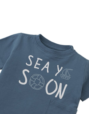 Baby Andre Graphic Tee with Sea Ya Soon Print and Side Patch Pocket front view