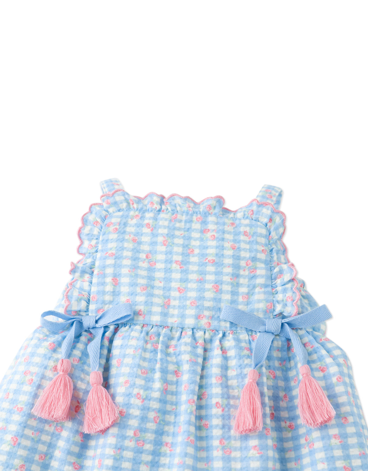 Baby Powder Dress with Embroidered Ruffles & Bow Details front view