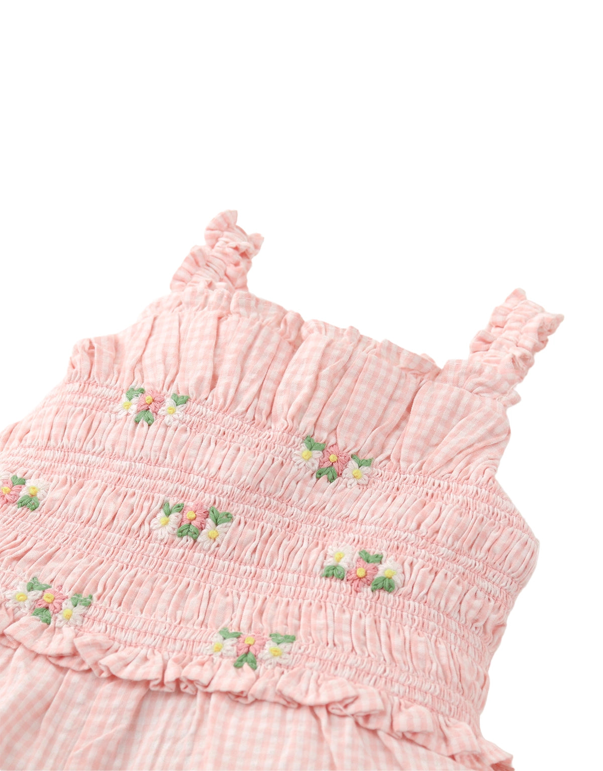 Baby Naomi Smocked Gingham Playsuit with Hand-Embroidered Daisies