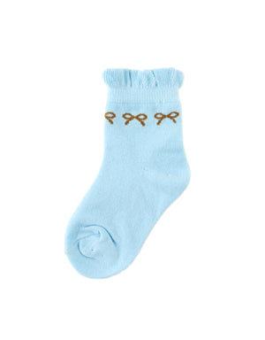 Frilly Crew Socks with Bow Intarsia Design fabric and fit detail
