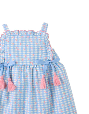 Baby Powder Dress with Embroidered Ruffles & Bow Details close-up detail