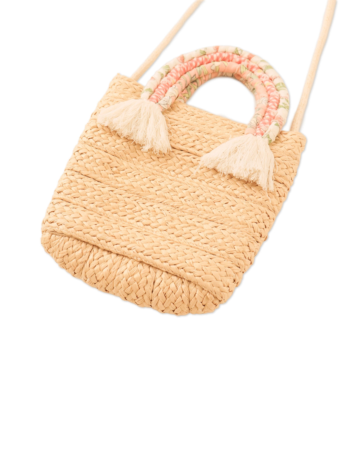 CLEMENTINE RAFFIA SLING BAG WITH PRINTED FABRIC HANDLE
