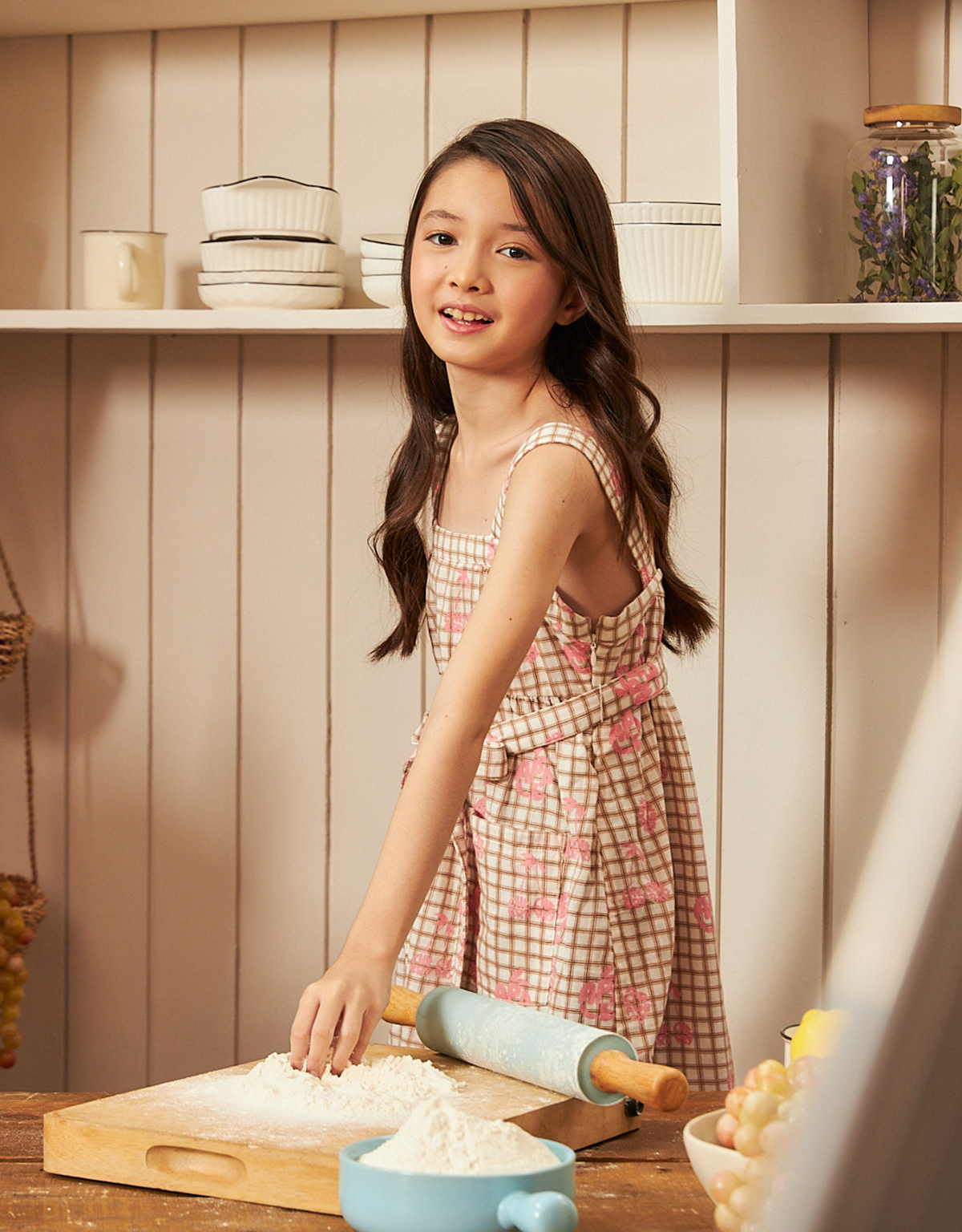 GIRLS GRID AND FRUIT PRINT STRAPPY DRESS WITH TIES