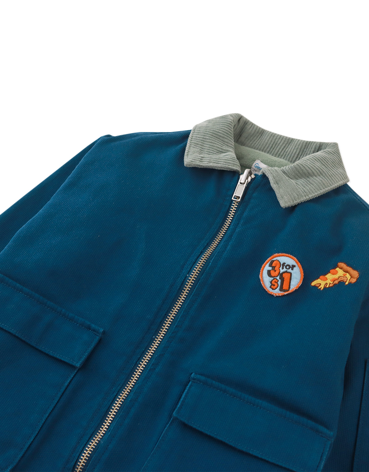 BJORN WORKER'S JACKET BLUE WITH EMBROIDERED PATCHES, BACK PRINT, AND FLEECE APPLIQUÉ