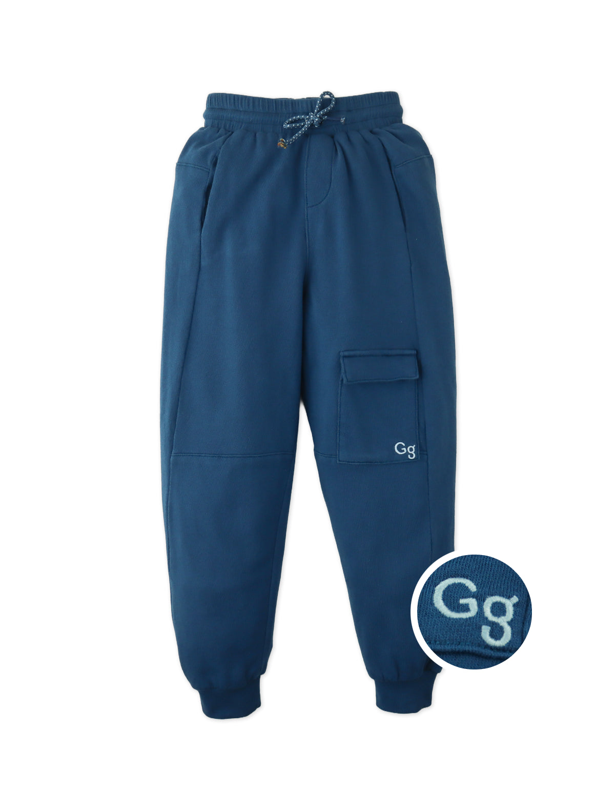Close-up front detail of the Isaiah Sporty Cargo Joggers with Embroidered GG Logo in blue, highlighting the French terry fabric, cargo pockets, and embroidered logo from the streetwear-inspired collection of Gingersnaps Philippines.